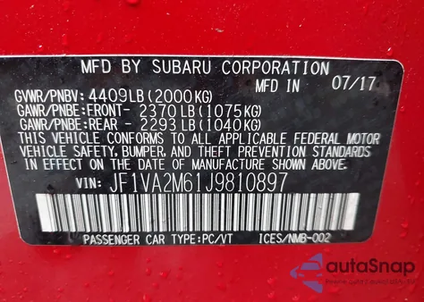2018 Subaru Wrx Sti from USA, damaged, VIN JF1VA2M61J9810897